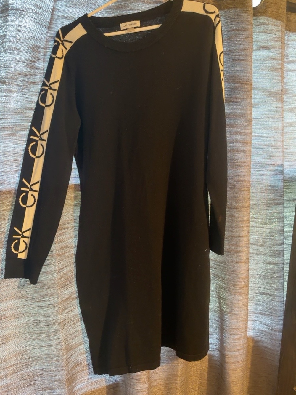 Calvin Klein Black Long Sleeve Dress with Cream Logo Trim